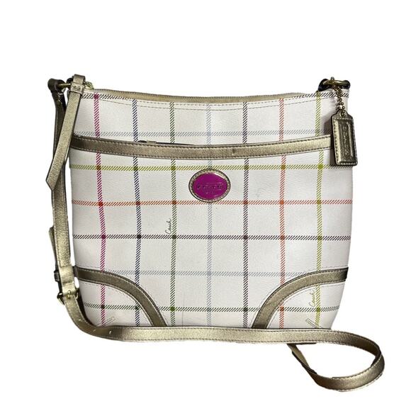 COACH Gold Plaid Peyton Tattersall File Coated Canvas Crossbody - Picture 3 of 13